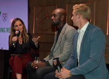 (left to right): Kelly Somers (sports presenter), Carlton Cole (West Ham United Legend) and Jack Collison (West ham United Legend).