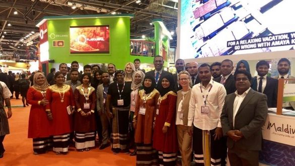 Delegates from the Maldives tourism sector including Resorts, Hotels, Guesthouses, Airlines and Associations on the Maldives stand during the first day of World Travel Market 2018