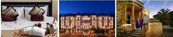 L to r: St Valentine’s by the sea at Corinthia St George’s Bay, Malta; Corinthia Budapest at night; a romantic stroll at Corinthia Palace Hotel, Malta 