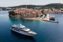 Cruising past Korcula on the Horizon Sail deluxe ship