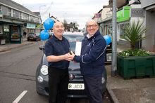 Phil Jones, of Cartwright Travel and Passion for Cruises, receives the Fiat 500 from Mike Evans, Head of Sales at Fred. Olsen Cruise Lines. Picture: Fred. Olsen Cruise Lines