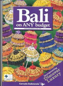 The colourful Bali on ANY budget 2002/3 brochure features ceremonial Balinese umbrellas