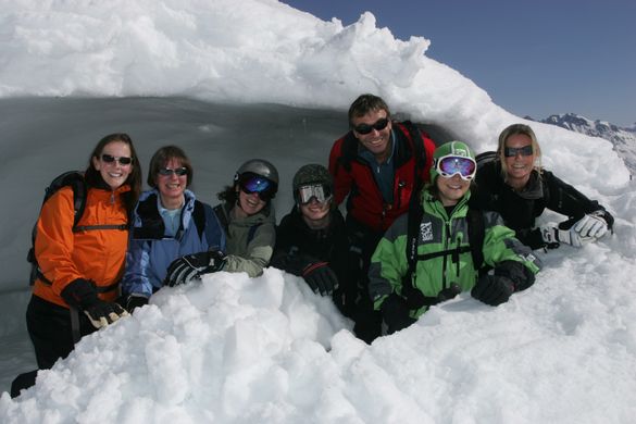 A group skiing