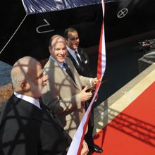 HSH Prince Albert II cuts ribbon with Silversea Chairman Manfredi Lefebvre (foreground) and Silversea President and CEO Amerigo 