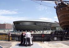 The Mary Rose Museum from the stern of HMS Victory in Portsmouth Historic Dockyard credit Wilkinson Eyre