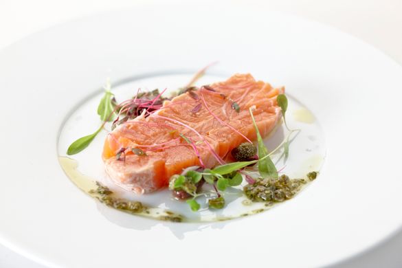 Slow-cooked Tender Salmon with Capers and Taggiasche Olive Sauce
