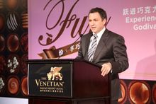 David Sylvester, Senior Vice President of Retail, Sands China Ltd., delivers a welcome speech at the launch ceremony for Shoppes