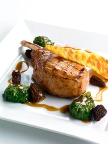 Bostonian - Organic Australian stone grilled veal chop with morel mushrooms, potato maxim and braised lettuce