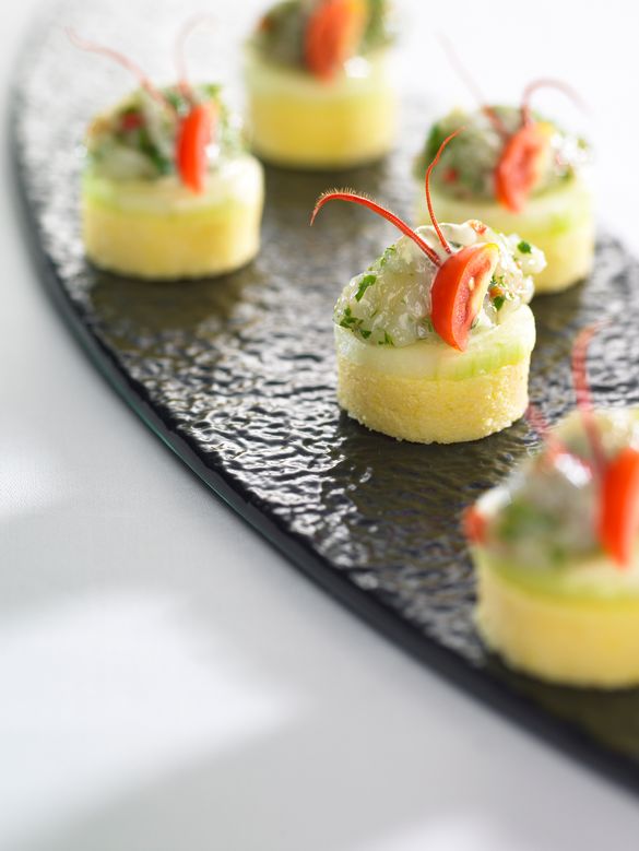 Polenta cakes with cured lobster sashimi