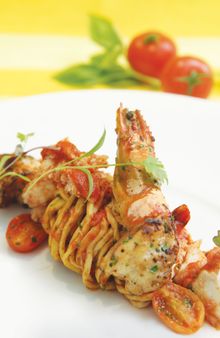 Spaghetti Chitarra with Tiger Prawn, Crabmeat, Italian Cherry Tomatoes in Basil Sauce, Carousel, RP