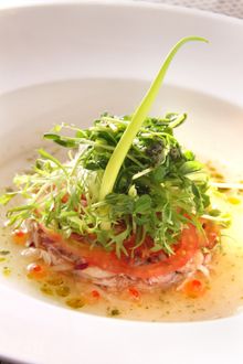 Crab and Watercress Salad with Tomato Water and Salmon Caviar