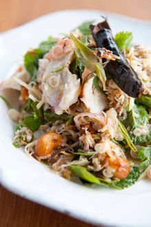 Lemongrass salad of prawns, crispy squid and pork with toasted coconut at nahm