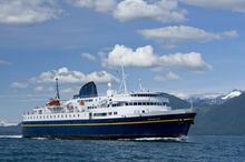 The Malaspinaon its way to the Auke Bay Terminal near Juneau, Eagle Glacier beyond 