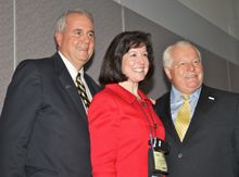 CityPASS co-founders and co-CEOS Mike Gallagher (L) and Mike Morey (R) with U.S. Travel Association's Cathy Keefe at the CityPA