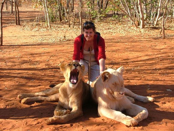 Abbie Leraar from the UK with Tshungu and Simba
