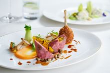 The Rib Room - Himalayan salted aged duck breast, carrot and orange puree, pak choi and bonito