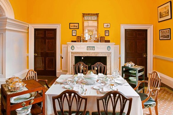  The dining room at Monticello, now painted in the dazzling yellow selected by Thomas Jefferson in 1815. Ralph Lauren Paints cre