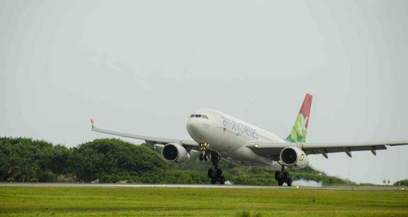 Vallée de Mai touches down at Seychelles International Airport.  