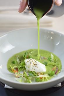 SPOON by Alain Ducasse - Chilled Green Pea Soup with Crispy Vegetables