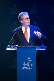 Edward Tracy, President and CEO of Sands China Ltd., speaks at a Tuesday press conference at the Venetian Theatre. The DreamWork