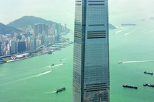 Aerial view of The Ritz-Carlton Hong Kong hotel and harbor, version 2