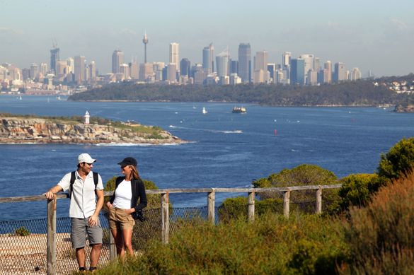 Walking at North Head with Sydney city skyline views