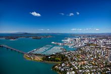 Aerial View Of Central Auckland, North Shore and Rangitoto with Waiheke in the distance