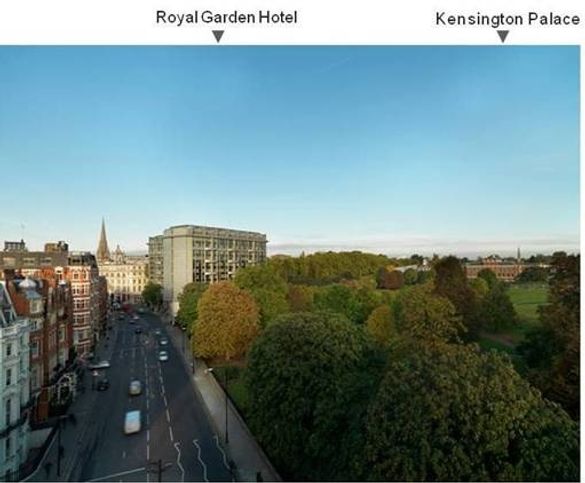 Kensington Palace (right most building) is a short walk from the  Royal Garden Hotel (middle building, across the park from the 