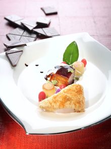 Braise Kurobuta pork belly, almond foam, chocolate balsamic, potato fondue