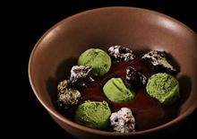 Cocoa 8, warm chocolate mousse, mint ice cream, cocoa croutons. 