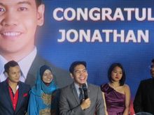 Jonathan delivering his thank you speech at the viewing party.