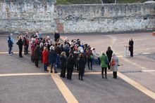 The assembled audience at the launch - some of the landscape elements indicating the location of yards and structures are visibl