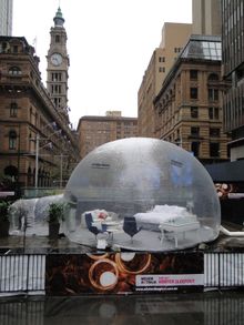 The Marriott Bubble Hotel Room sleeping out in Sydney’s Martin Place  on the city’s coldest day in over 3 years