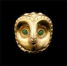 MOCHE culture, North coast 100–800 AD, Bead in the form of an owl’s head, Museo Tumbas Reales de Sipán, Lambayeque