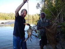 WAs best jobs winner Taste Master Rich Keam catches a mud crab with Brian Lee from Brian Lees Tagalong Tours at Hunters Creek, D