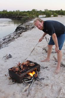 WAs best jobs winner Taste Master Rich Keam cooking mud crab at Hunters Creek, Dampier Pensisula in WAs North West