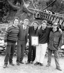 Andy Brinsley, NZ Safety Official, AJ Hackett, Glen Russell (Pipeline Ops Manager), Henry van Asch - Receiving S Mark in 1990
