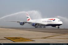 Hong Kong welcomes the arrival of British Airways\' maiden A380 flight to the city with a traditional water cannon salute at C