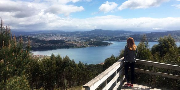 Pilgrim on the Sea of Arousa Camino Espiritual route to Santiago de Compostela, Galicia