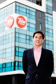 Mark Lankester Group CEO of Tune Hotels in front of Tune Hotel Melbourne, 609 Swanston Street, Carlton