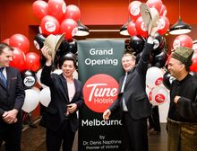 From left - Nathan Copsey GM of Tune Hotel Melbourne; Mark Lankester - Group CEO of Tune Hotels; Dr Denis Napthine - Premier of 