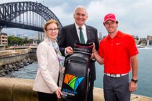Minister for Sport, Gabrielle Upton and Minister for Tourism and Major Events, George Souris welcome Rory McIlroy to Sydney 