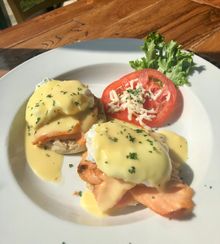 Eggs Benedict with Salmon at The Looking Glass Restaurant & Bakery