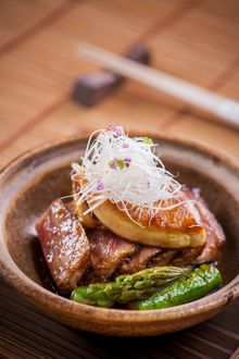 Japanese A5 wagyu beef steak topped foie gras with condiments and teriyaki sauce (only for Christmas Eve and Christmas Day Set D