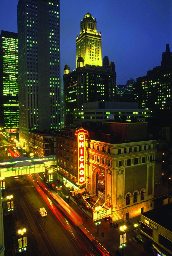 View of the Chicago Theatre on State Street at Night