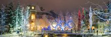 Fresh snow and Olympic rings in Whistler Village