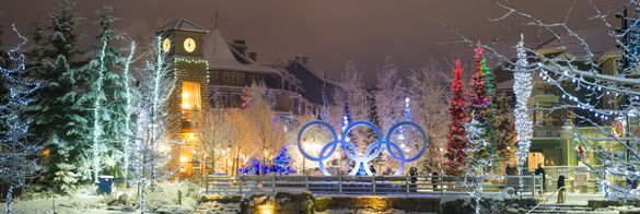 Fresh snow and Olympic rings in Whistler Village