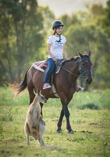 Chinese woman on horse next to kangaroo in Australian bush. Spicers Hidden Vale, Queensland Australia. Tourism and Events Queens