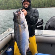 (Caption: First time guest to Waterfall Resort Alaska, Andre Burchette with 47.8 lb king salmon winning King of the Day (KOD) and of the season for that category in the season-long King of Kings Tournament. King of Kings awards cash, return trips, Cabela’