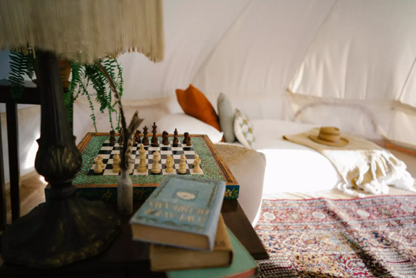 Inside yurts at Whiskey Ranch